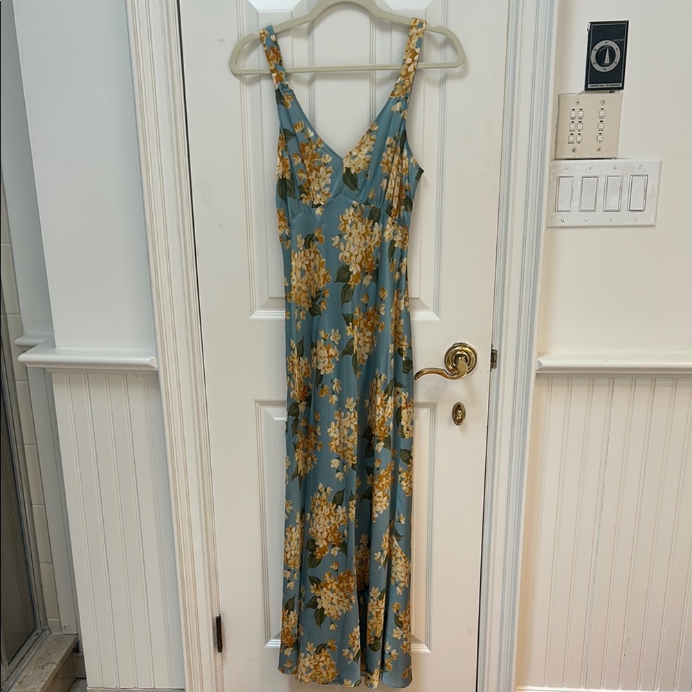 Reformation Blue and Gold Spaghetti Strap Maxi Dress